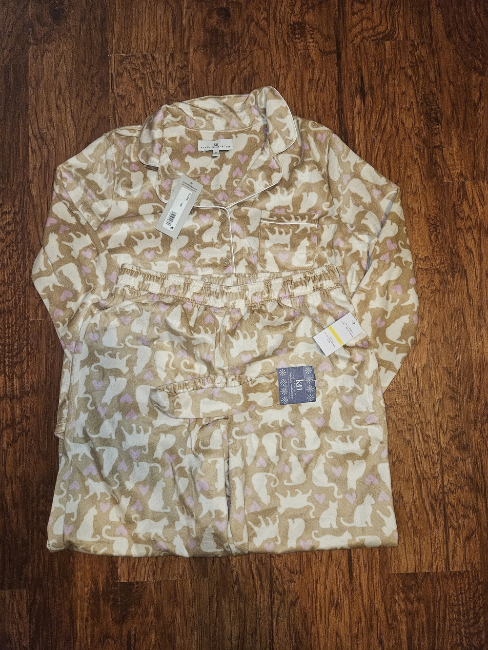 Cozy Cat Pajama Set In Beige and White
